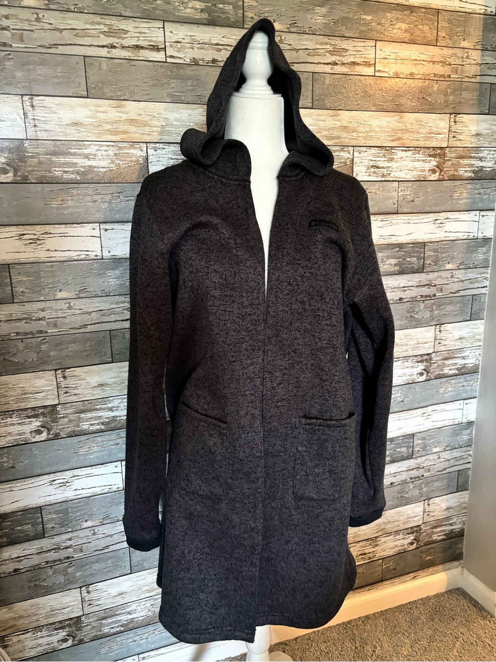 Columbia Dark Gray Cozy Long Hooded Fleece Open Front Cardigan Jacket Womens XL
